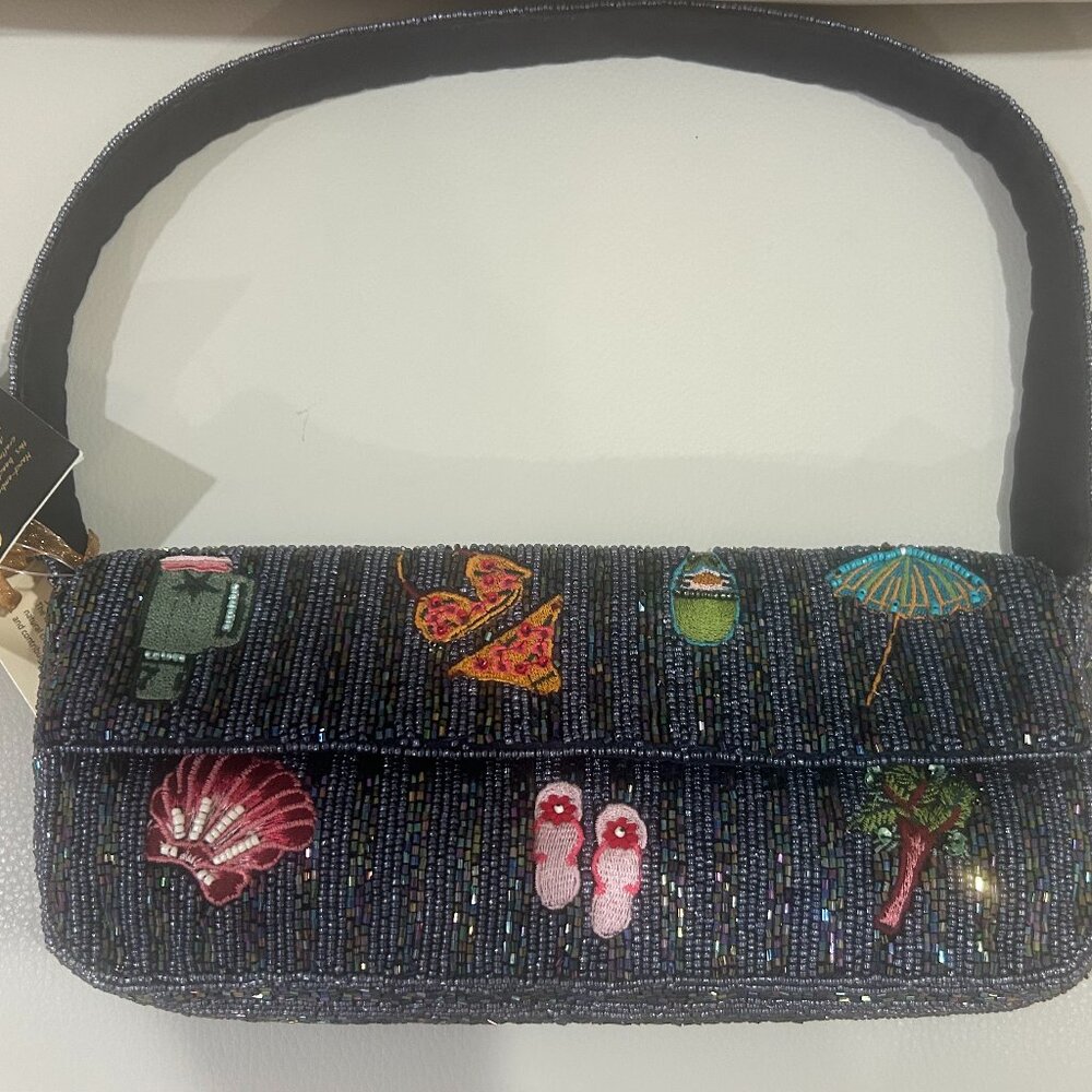 Handmade in India Beaded Bag Tropical Beach Bikini Flip Flops Palm Tress Shells